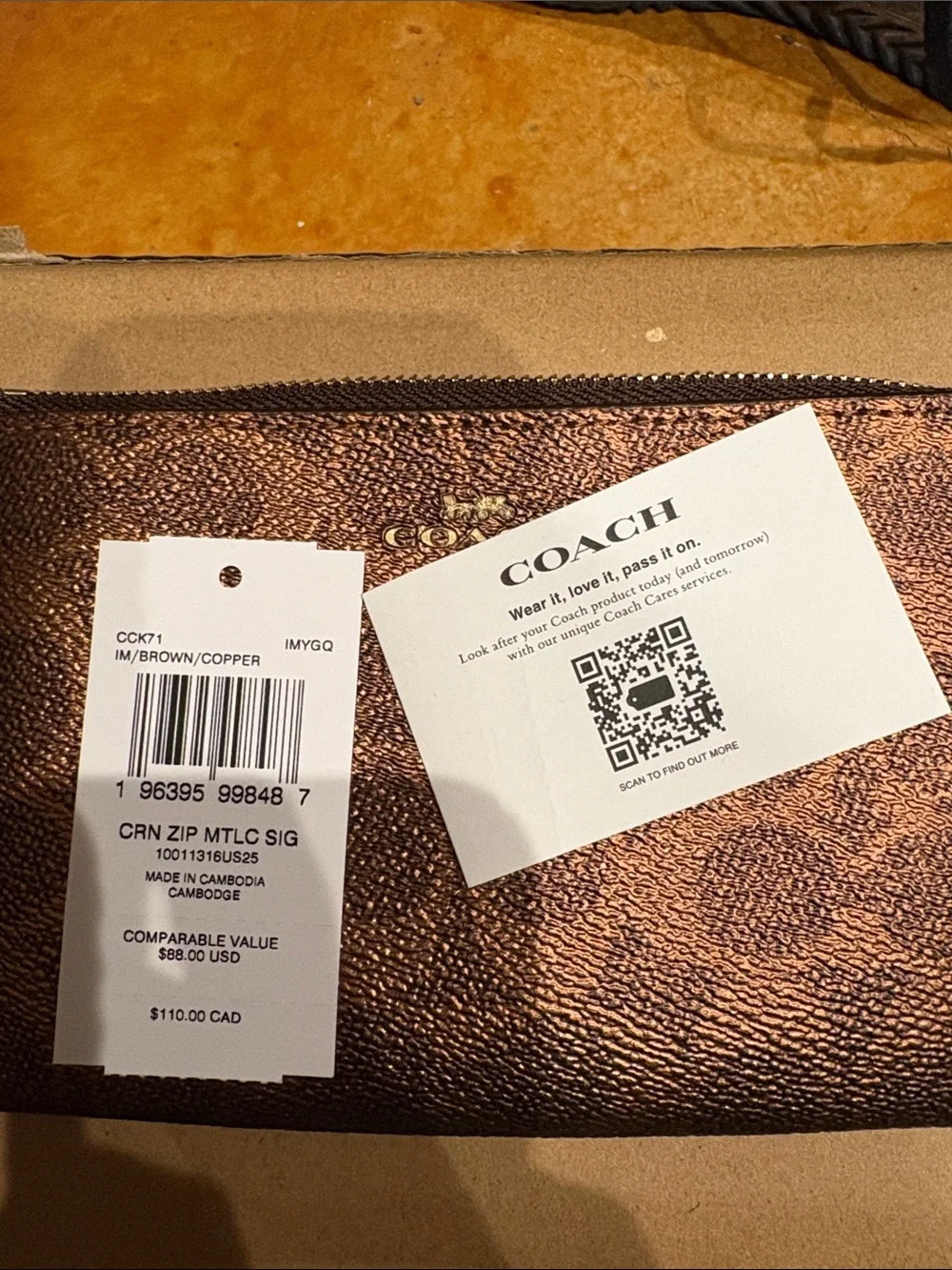 Coach Metallic Brown Signature Zip Wallet